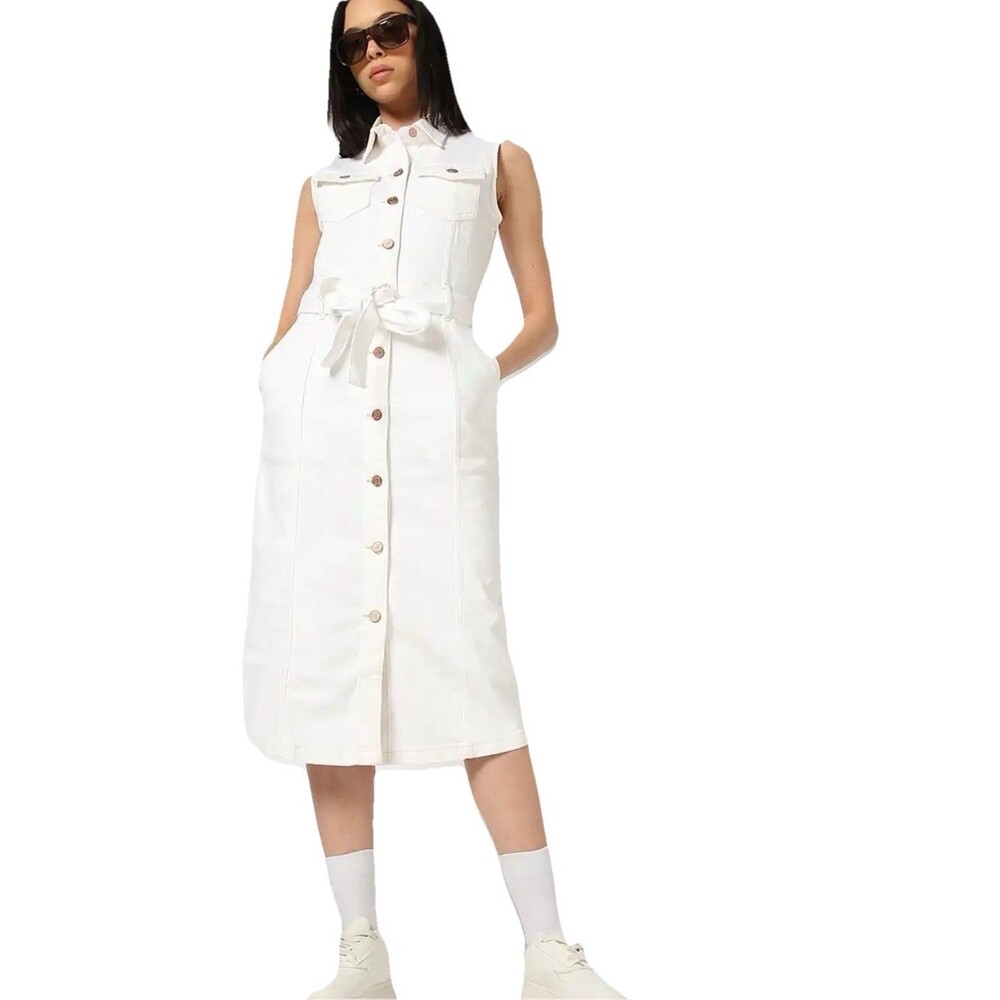 Gap White Denim Belted Shirt Dress Sleeveless Button Front Size 6 NWT